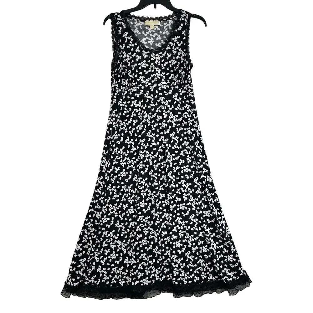 Michael Kors MK Black Lace Trim Sleeveless Dress White Heart Pattern Size Small
